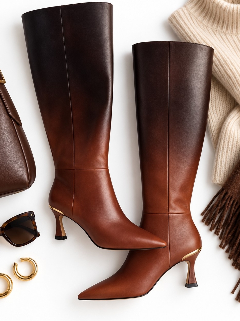 Vince Camuto Women's Two-Tone Ombre Brown Knee-High Leather Boots Size 10W NWT